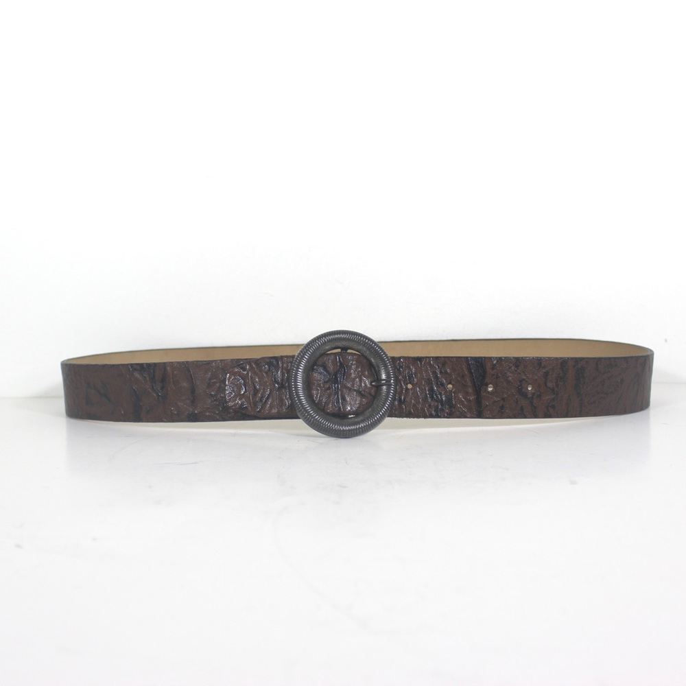 Vintage HOLT RENFREW Textured Brown Black Crinkle Leather Belt with Round Buckle